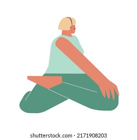 Vector isolated flat concept with female character. Sportive hip-opening exercise with - Bharadvaja's Twist pose. Strong woman learns posture - Bharadvajasana I