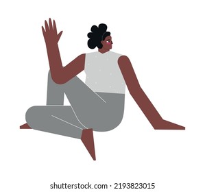 El concepto de vectores aislado y plano con carácter femenino. Ejercicio deportivo afroamericano - Mitad Señor de los Peces. Una mujer fuerte aprende la postura de Twist - Ardha Matsyendrasana