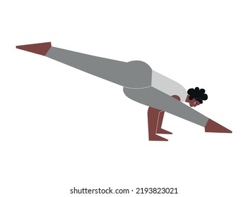 Vector isolated flat concept with female african american character. Sportive exercise - Pose Dedicated to the Sage Koundinya I. Strong woman learns posture - Eka Pada Koundinyanasana I