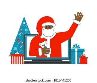 Vector isolated flat concept with gift boxes and christmas tree. Cartoon character of african american Santa Claus. He greets people from computer screen. Online shopping on the eve of Winter holiday - Powered by Shutterstock - Get 15% off with code: PIKWIZARD15
