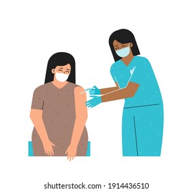 Vector isolated flat concept illustrated Coronavirus (COVID-19) vaccination. Asian nurse holds syringe and gives antiviral injection with new drug to young woman. Providing immunity against SARS‑CoV‑2
