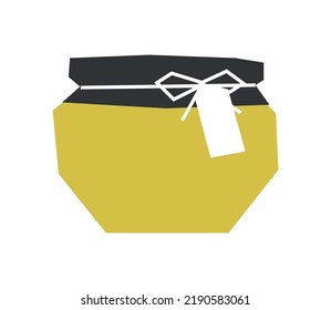 Vector isolated flat concept. Organic dessert in glass jam jar with yellow lid and label. Autumn lemon treat for cozy. Geometric shapes on white background