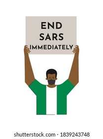 Vector isolated flat concept. Single picket and strike of nigerian man in t-shirt in color of national flag. He holds placard with demand to end police brutality by SARS and SWAT in Nigeria now