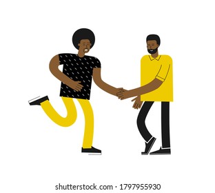 Vector isolated flat concept with two african american men. Happy friends met, glad to see each other, smile and shake hands. Guy is talking, congratulating bro with successful deal. White background