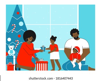 Vector isolated flat concept. Winter happy holidays of african american family. Home is decorated with present boxes, Christmas Tree. Mother is giving gifts to cute daughter. Father sits with toddler