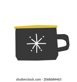 Vector isolated flat hand drawn illustration. Black cozy cup of tea with yellow decoration, white snowflake. Simplified minimalistic shape of mug for coffee and cocoa drink, Scandinavian style