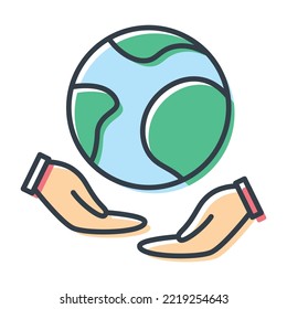 Vector isolated flat icon, people holding the planet Earth in their hands.
