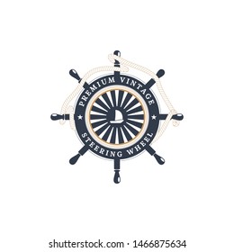 Vector isolated flat icon of steering wheel with rope and ship at the center on the white background.