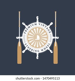Vector isolated flat icon of steering wheel with rope, oars and ship at the center on the dark background.