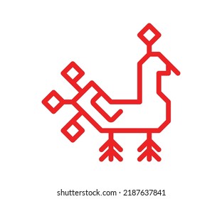 Vector isolated flat illustrarion with red simplified symbol of bird. Line shape is traditional ornamental element of Karelia and Finland people. Decorative icon of swan for native embroidery