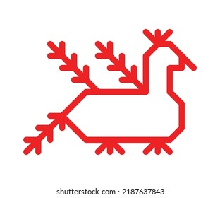 Vector isolated flat illustrarion with red simplified symbol of bird. Outline shape is traditional ornamental element of Karelia and Finnish nations. Decorative object of duck native embroidery