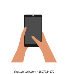 Vector isolated flat illustration about using modern gadgets for communication and online shopping. Hands hold phone, thump helps to type message or play in game. Copy space for ad to mobile app.