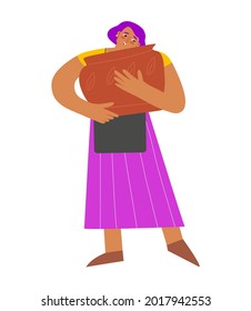 Vector aislado de ilustración plana con mujer caucásica adulta. Un estudiante feliz abraza una olla de cerámica. Ella hizo loza después de clase de escultura. Hobby y negocio creativo de la artesana