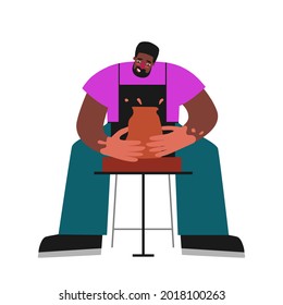 Vector isolated flat illustration with adult African American man working at pottery wheel. Student learns to make ceramic pot. Hands and apron of happy guy are stained with clay. Creative hobby
