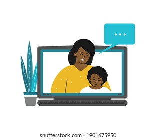 Vector isolated flat illustration. African American mother and child are talking by video call using laptop. Distant online education with class and communication with family in quarantine time