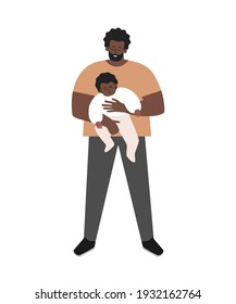 Vector isolated flat illustration. African American single father is smiling, holding in his arms little cute adopted child. Happy daddy shows parent's love and care to baby. Adorable family relations