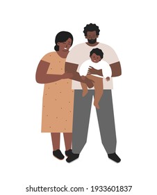 Vector isolated flat illustration. African American foster father holds in his arms adopted child. Mother stands with them. Happy family show love and care to newborn baby. Healthy relationship