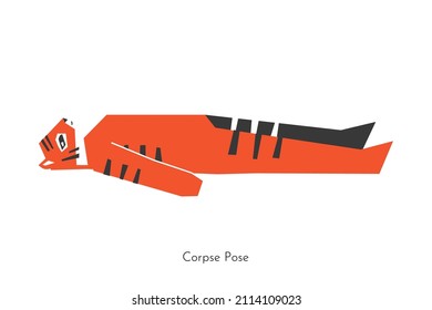 Vector isolated flat illustration with animal character doing yoga practice - Savasana. Korean tiger learns restorative Corpse Pose. Simplified concept with core sport exercise for beginners