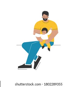 Vector isolated flat illustration. Cartoon latin man sits, holding happy baby on his lap. Dad and his cute child are smiling. Young adult parent love to play, spend time with infant. Father's day