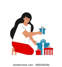 Vector isolated flat illustration. Cartoon woman is weared in white and red sleepwear. She is sitting and holding gift box. Concept for Christmas or Happy Holiday greeting card. Beautiful surprise