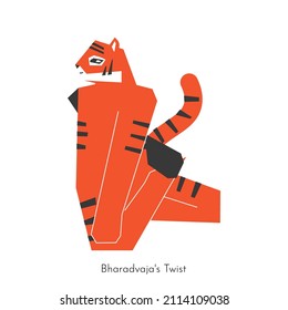 Vector isolated flat illustration with cartoon animal doing yoga practice - Bharadvajasana I. Chinese tiger learns Bharadvaja's twist pose. Simplified concept with basic sport exercise to be healthy