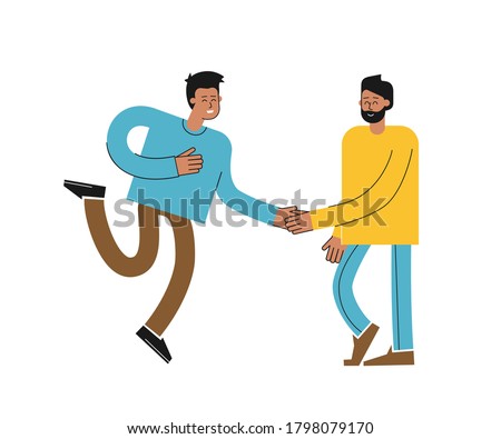 Vector isolated flat illustration with cartoon asian and latin men. Cute friends met, happy to talk, smile and shake hands. Guy is congratulating bro with succesful teamwork together. White background