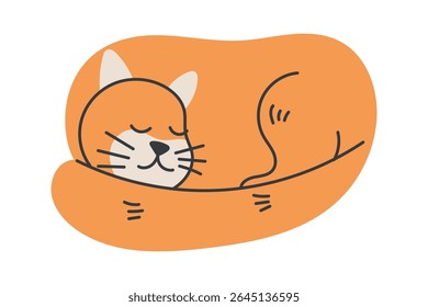 Ilustração plana isolada do vetor de um gato de gengibre dormindo enrolado. Perfeito para projetos com tema de animais de estimação, conceitos de relaxamento, projetos infantis ou visuais de estilo de vida acolhedor.