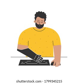 Vector isolated flat illustration with disabled person. Cartoon latin guy has artificial limb. Man with prosthetic hand typing on computer keyboard. Adaptive technology and equipment for comfort life