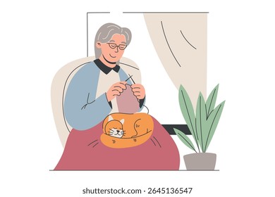 Ilustração plana isolada de vetor de uma mulher idosa tricotando com um gato em seu colo, perfeito para a família, estilo de vida, hobby, artesanato, casa aconchegante, ou projetos temáticos de aposentadoria e conteúdo editorial.