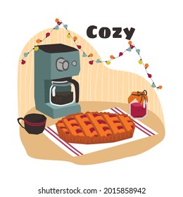 Vector isolated flat illustration with an element of seasonal, autumn comfortable, cozy atmosphere, interior. Image shows kitchen table with a fruit pie, coffee in coffee maker, cups, jam, garlands.