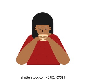 Vector isolated flat illustration. Full face portrait of pretty Asian woman sitting with cup of hot tea in the hands. Part of tea ceremony, girl drinks tasty beverage. Cozy leisure