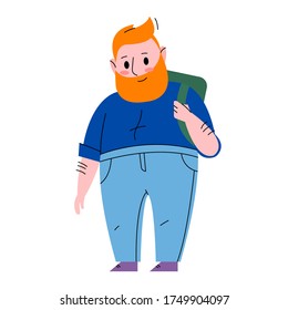 Vector isolated flat illustration with good friendly smiling redhead fatty hipster man with beard and backpack 
