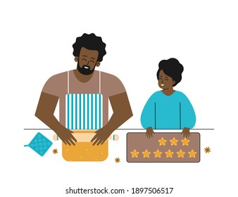 Vector isolated flat illustration. Happy African American girl helps  single father, lays cookies on baking sheet. Daddy rolls dough, teaches daughter to cook. Cozy pastime of family at home