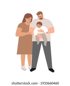 Vector isolated flat illustration with happy family. European foster father hugs adopted baby. Mother stands with them. Parents show love and care to infant child. Concept with life of foster care