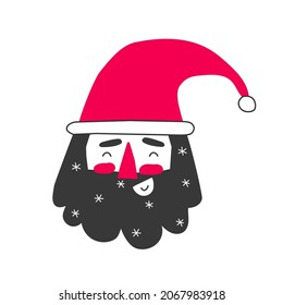 Vector isolated flat illustration of happy Santa Claus. Christmas portrait of smiling man with red hat, black beard with white snowflakes. Funny face of character for logo design