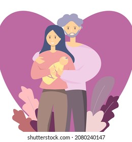 Vector isolated flat illustration with happy family. Young parents, mother and father, stand and holding a little newborn toddler. Parents feel love and care for the baby.