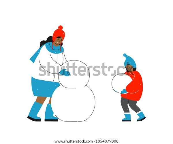 Vector isolated flat illustration. Happy african\
american mother sculpts snowman and baby girl help her carring ball\
in hands. Winter holiday before Christmas, outdoor activity with\
family together