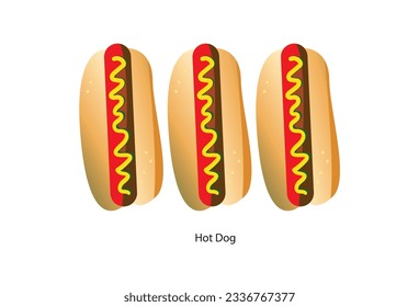 The vector isolated flat illustration of a hot dog depicts a fast food item suitable for use in posters, menus, brochures, websites, and as a fast food icon.