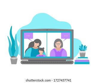 Ilustración plana aislada del vector. Laptop y abuela mayor y su hija con un bebé en la pantalla hablando en línea por video chat en tiempo de cuarentena. Cámara web y aplicaciones para comunicación distante