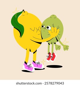 Vector isolated flat illustration of lemon and lime characters friendship. Citrus fruits funny mascot design. Colorful love illustration. Valentine's Day poster and postcard design. Cute faces.