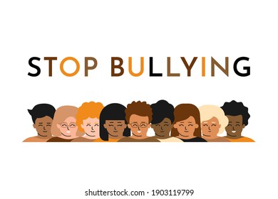 Vector isolated flat illustration. Multiethnic group of children is smiling. They show tolerance and not aggressive behavior. Banner about prevention and control social problem of school bullying