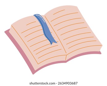Vector isolated flat illustration of an open notebook with a blue ribbon bookmark. Pastel colors, clean design, perfect for education, journaling, school projects, and planners.