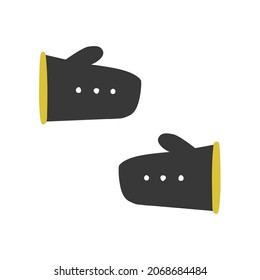 Vector isolated flat illustration. Pair of black winter mittens with yellow fur and white buttons. Simplified minimalistic shapes, Scandinavian style