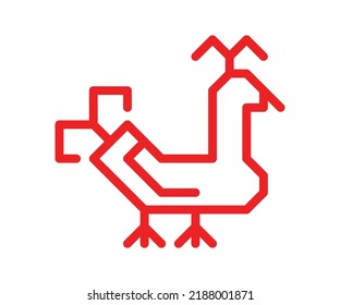 Vector isolated flat illustration with red geometric symbol of bird. Outline shape is traditional ornamental element of Karelian and Finnish nations. Simple icon of seagull for native embroidery