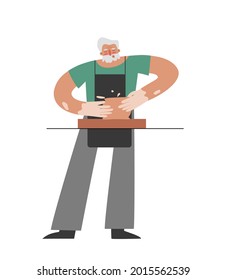 Vector isolated flat illustration with senior Caucasian man working at pottery wheel. Old student learns to make ceramic pot. Hands and apron of craftsman are stained with clay. Hobby of older master