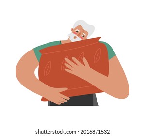 Vector isolated flat illustration with senior Caucasian man. Close up portrait of old student who hugs ceramic pot. He made earthenware after class of sculpture. Hobby business of older master