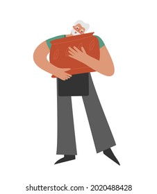 Vector isolated flat illustration with senior Caucasian man. Old student hugs ceramic pot which he made after class of sculpture. Favorite hobby and business of older master