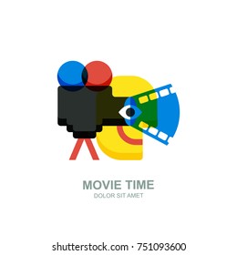 Vector isolated flat illustration of smiling abstract man, movie camera with film spotlight. Creative logo icon design. Concept for home movie time, media and watching video tv.