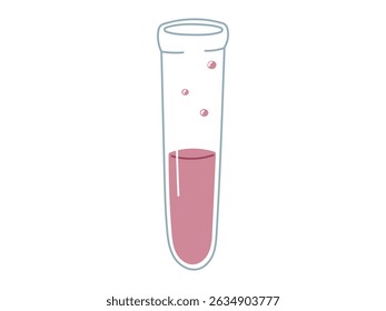 Vector isolated flat illustration of a test chemical tube with pink liquid and bubbles. Ideal for educational, scientific, school, or chemistry related designs and experiments visuals.