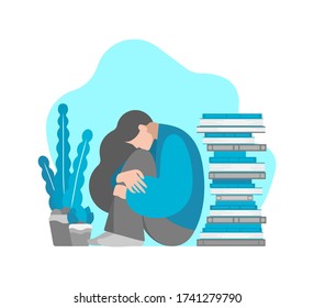 Vector isolated flat illustration with tired young student girl sitting and hugging her knees. She is in depressed mood, try to keep mental health during study a lot of literature, exam preparation